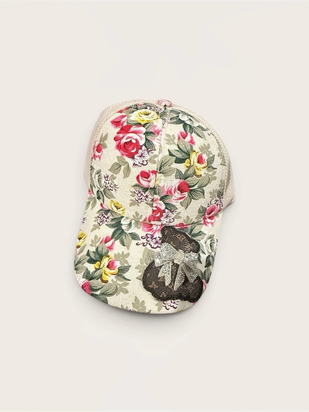 Custom Floral Applique Hat in Beige & Pink New